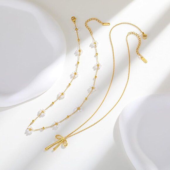 Women’s Gold Pearl Necklace Set Dainty Layered Bow Flower Jewelry Gift - Picture 5 of 7